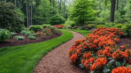 Obraz premium Blooming azaleas in rich shades of red and orange lining a garden path surrounded by spring greenery