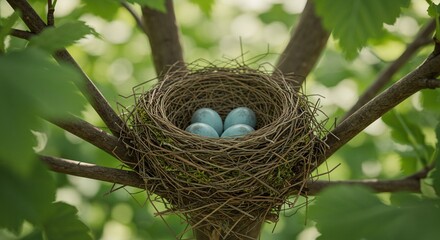 Bird Nest with Blue Eggs in Tree