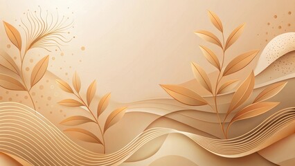 Elegant Golden Foliage and Abstract Waves Design Featuring Delicate Branch Details and Subtle Textural Variations in a Muted Beige Palette