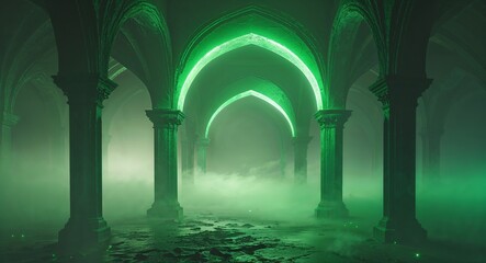 Green light diffusing in fog unveiling frames of ghostlike arches wallpaper design concept