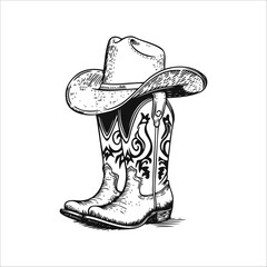 Cowboy boots and western hat. Isolated on white for print or design. Vector illustration.