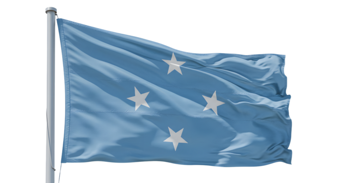 A blue flag with five white stars waving in the wind, set against a clear sky, symbolizing unity and peace