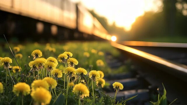 夕日に照らされる線路沿いのタンポポ