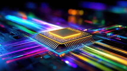 Abstract representation of a microchip with colorful light trails and futuristic digital patterns for technology and innovation themes