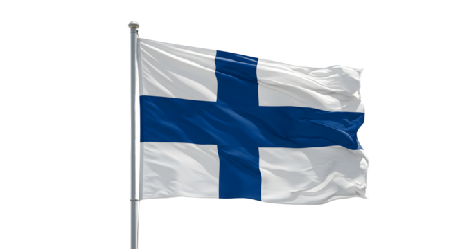 A fluttering flag of Finland against a clear blue sky, symbolizing national pride and identity, with no distractions