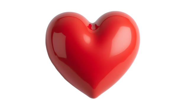 A glossy red heart-shaped object, symbolizing love and affection, set against a clean white background, ideal for romantic themes