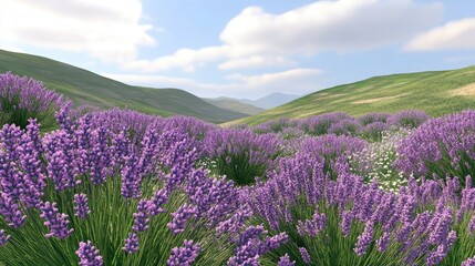 Fototapeta premium Field of lavender blooming in early spring with hills and sky in the distance