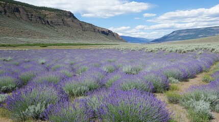 Field of lavender blooming in early spring with hills and sky in the distance