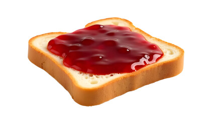 A slice of toasted bread topped with vibrant red jelly, showcasing a delicious breakfast scene with a simple kitchen background
