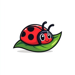 Fototapeta premium Cute ladybug crawling on leaf, cartoon , bold outline, white background