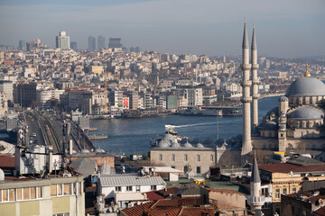 Istanbul Skyline Mosques Bosphorus: Panoramic cityscape view showcasing historical architecture and waterways, Turkey.