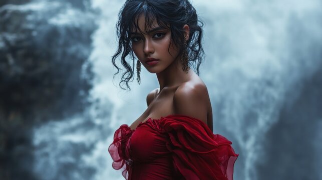 Dark haired woman in red dress posing against misty background