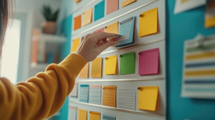 Kanban board with labeled columns and task cards representing project workflow