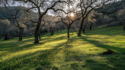 Lush green meadow dotted with vibrant wildflowers in early spring, morning sunlight casting soft shadows