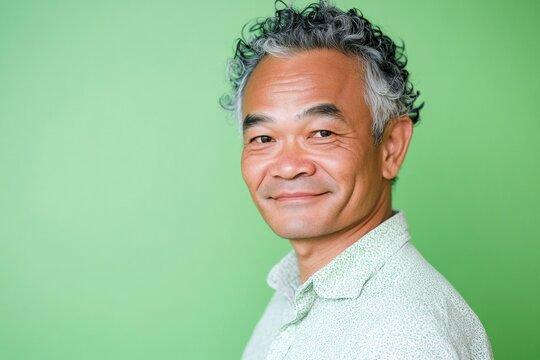 Visual idea of style for aging men. Elegant men's side part haircut - midlife asian man with curly hair. Green solid background. A classic and stylish male with a natural smile.
