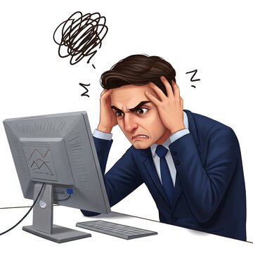 Frustrated Computer User: Depicting a person overwhelmed by technology, with an annoyed expression. This image encapsulates the daily struggles of modern computing.