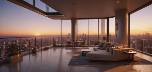 Fototapeta premium Luxury high-rise condo, sunset illuminating sleek interior & balcony , style, evening, panorama