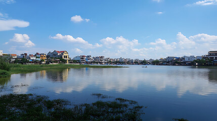 Naklejka premium Skyline of Can Tho city showing the beautiful blending of urban and natural landscape (1)