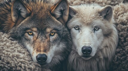 Obraz premium Contrasting wolf portraits showcasing connection and wild beauty side by side