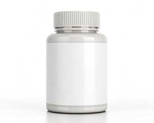 White plastic medicine bottle with cap used for pills or supplements isolated on white background