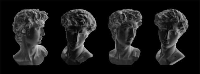 Plaster bust of David in Four Perspectives in halftone style.  3d white line objects in black background