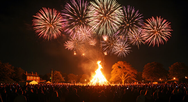 Spectacular fireworks display and bonfire celebration at night with crowd - Powered by Adobe