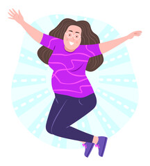Chubby Woman Jumping with Happy Contented Emotion for Satisfaction in Body Shape Concept Illustration Clip Art