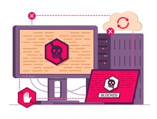 Ransomware Attack Desktop PC Computer, Laptop Computer and Cloud Server for Cyber Crime and Malware Concept Illustration