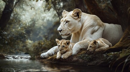 White lioness with cubs by a stream