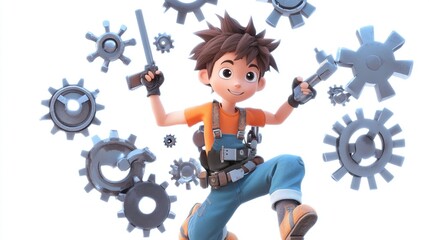 Fototapeta premium Boy jumping amidst floating gears holding tools, animated and vibrant