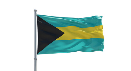 A vibrant flag of the Bahamas waving in the wind against a clear blue sky, symbolizing national pride and identity