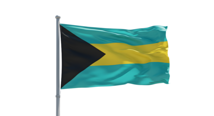 A vibrant flag of the Bahamas waving in the wind against a clear blue sky, symbolizing national pride and identity