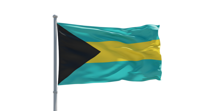 A vibrant flag of the Bahamas waving in the wind against a clear blue sky, symbolizing national pride and identity