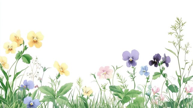 Spring flower border featuring pansies, primroses, and snapdragons in a variety of pastel shades