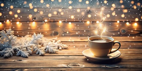Cozy winter scene with a warm cup of coffee on a wooden table surrounded by snowflakes and twinkling lights, warmth