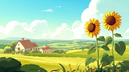 Fototapeta premium Sunflowers standing tall under a brilliant summer sun with rolling farmland behind