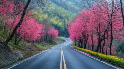 Winding countryside road lined with flowering trees and new green leaves