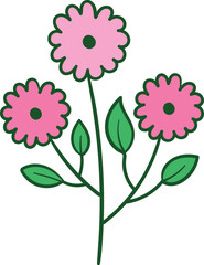 Three pink flowers with green leaves illustration