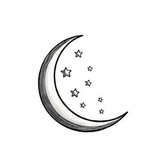 Crescent moon with stars on white background