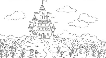 Detailed castle line art for coloring book