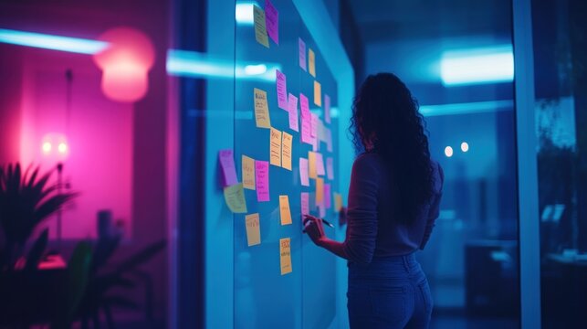 Woman adding notes to a glass board in modern office setting