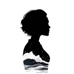 Female silhouette blended with ocean waves