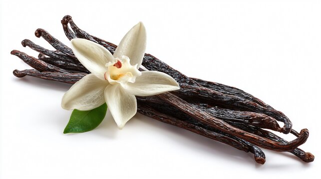 Vanilla Beans and Flower on White Background for Culinary Concepts