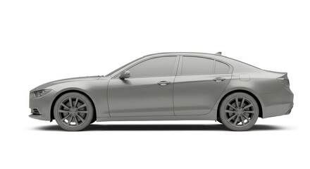 Modern Silver/Grey Sedan Car Side Profile View, 3D Render Isolated on White Studio Background, Automotive Concept