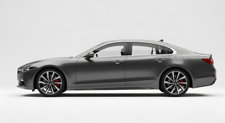 Naklejka premium Modern Silver/Grey Sedan Car Side Profile View, 3D Render Isolated on White Studio Background, Automotive Concept