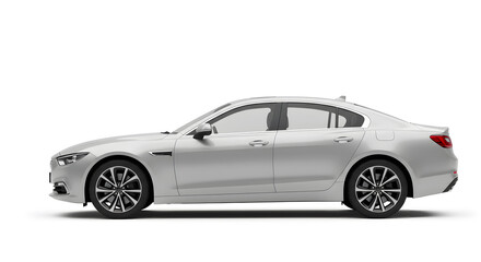 Obraz premium Modern Silver/Grey Sedan Car Side Profile View, 3D Render Isolated on White Studio Background, Automotive Concept