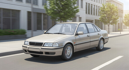 Cartoon/Anime Style Car on City Street Illustration, Urban Landscape Background for Animation or Design