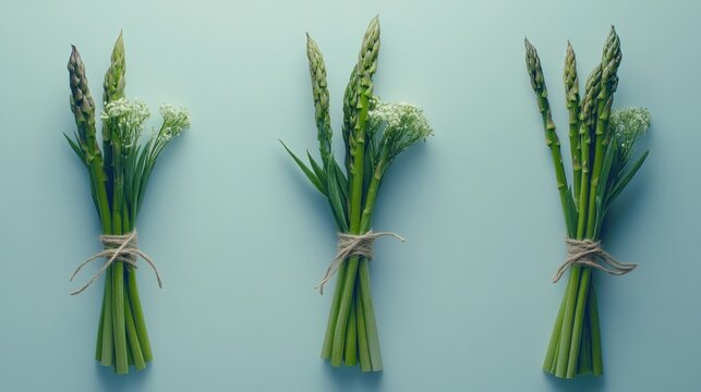 Fresh asparagus bundles with flowers minimalist food photography