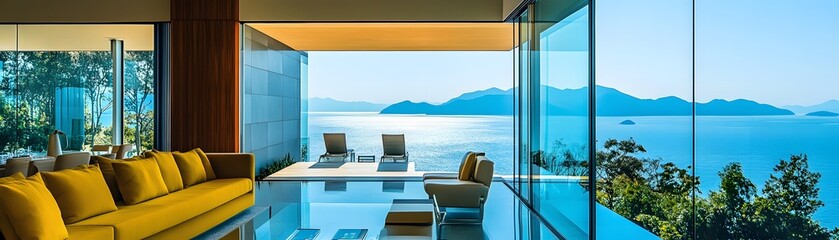 Obraz premium Stunning coastal living area with panoramic views.