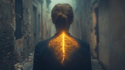 Obraz premium Person walking through alleyway with glowing neural network pattern